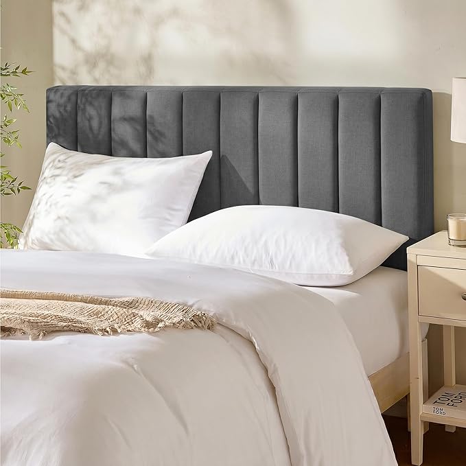 Hearth & Harbor Upholstered King Headboard - Easy Assemble Channel Stitched Headboard King Size Bed - Wall Mounted Headboards with 3D Soundproof Wall Panels Peel & Stick Floating Headboards, Grey
