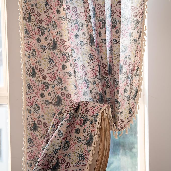 OYX Floral Curtains 84 Inch Length 2 Panels for Living Room, Bedroom Light Filtering Drapes, Farmhouse Vintage Country French Rustic Tassels Pattern Rod Pocket Aesthetic Decor Window Treatments