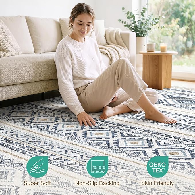 cotiled 8x10 Area Rugs Living Room Rug: Washable Boho Rugs with Non Slip Backing Large Soft Indoor Stain Resistant Carpet for Bedroom Farmhouse Dining Room Lightweight Home Decor Blue