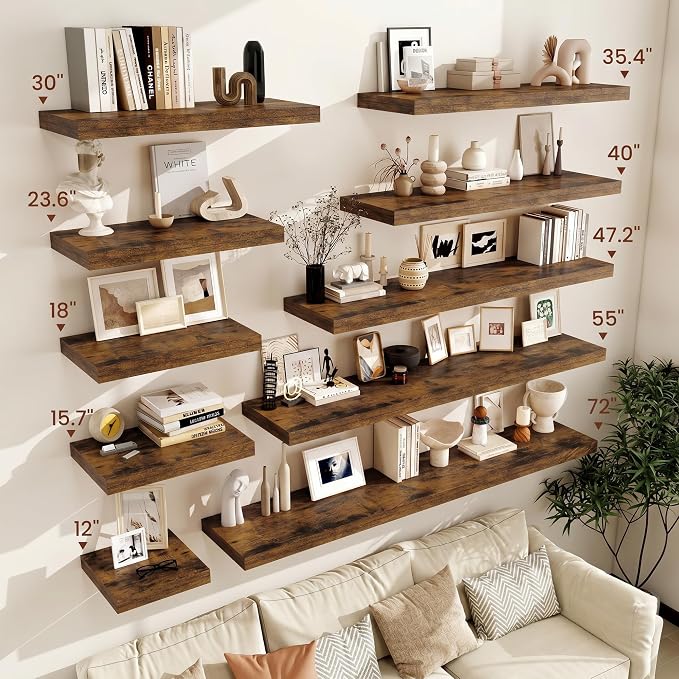 Vivelove 12" Deep Floating Shelves 47.2" Long, Wall Shelves for Living Room Bedroom Bathroom Kitchen Laundry Room, Farmhouse Rustic Shelves for Home Decor, 47.2" X 12" X 2" Set of 2, Rustic Brown