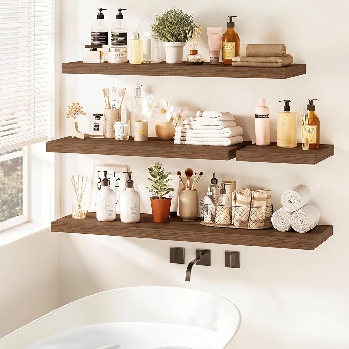 Vivelove Walnut Floating Shelves 36 Inches Long, Wall Display Shelves with Invisible Brackets, for Bathroom Living Room Kitchen Bedroom Office Farmhouse Home Decor, 36x9.3X 1.5 - Set of 2, Walnut