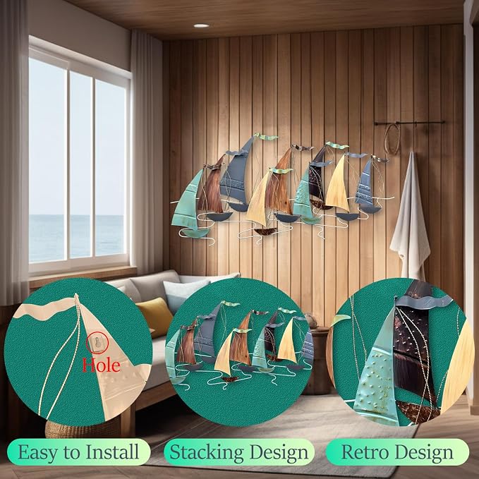 edaknez Large Metal Sailboat Wall Decor, 51" x 26" Ship Metal Wall Art | Coastal Nautical Boat Wall Hanging, Large Ship Wall Sculptures, for Living Room Bedroom Indoor Ourdoor Ocean Beach