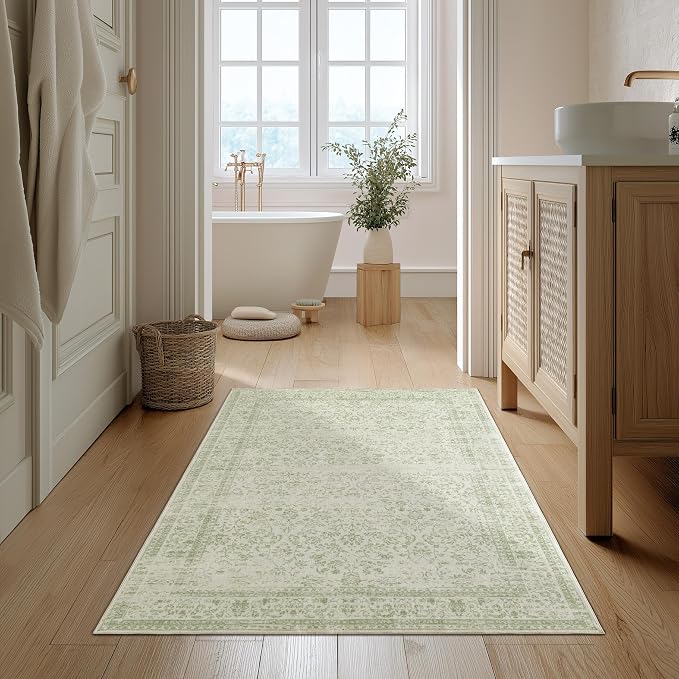 Boho Font Door Mat for Indoor Entrance Washable Non Slip Vintage Floral Aesthetic 3x5 Area Rugs for Entryway Entry,Sage Green