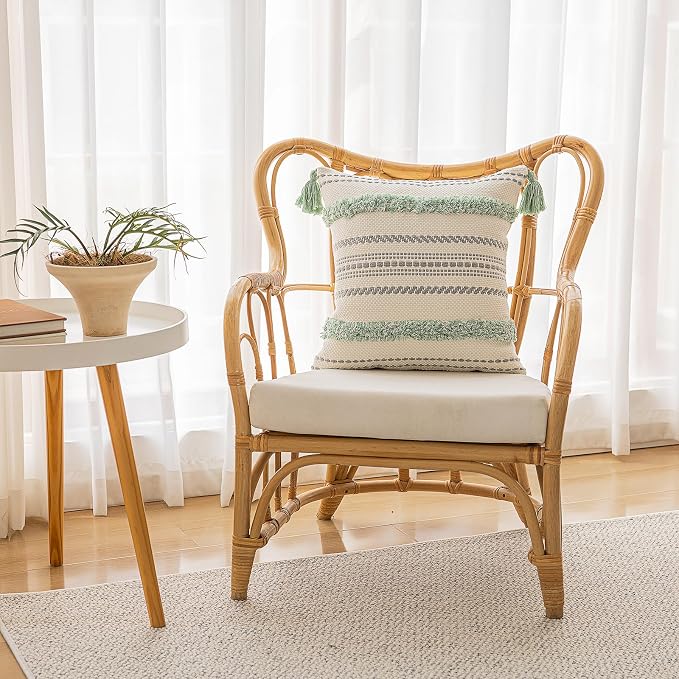 Boho Throw Pillow Covers 18x18 Set of 2 Woven Tufted Farmhouse Pillows Cover with Tassels Textured Striped Cushion Case Neutral Pillow Cases Decorative Pillowcase for Sofa, Couch, Bed, Light Green