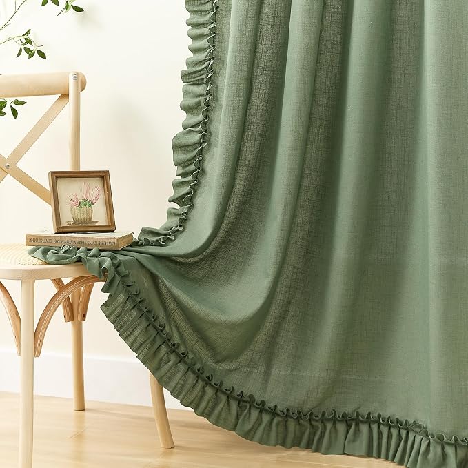 Dark Sage Green Ruffle Curtains 96 Inch Length, 2 Panels, W58xL96 In, Linen Textured Boho Farmhouse Flowy Curtains for Living Room Rod Pocket Privacy Light Filtering Semi-Sheer Scalloped Linen Curtain
