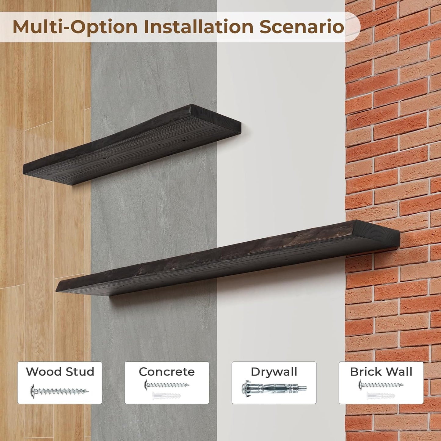 Axeman 72 inch Extra Long Floating Shelves for Wall - 8'' D Live Edge Rustic Solid Elm Wood Floating Shelves Wall Mounted, Wall Shelves with Invisible Bracket for Living Room Bedroom Kitchen, Walnut