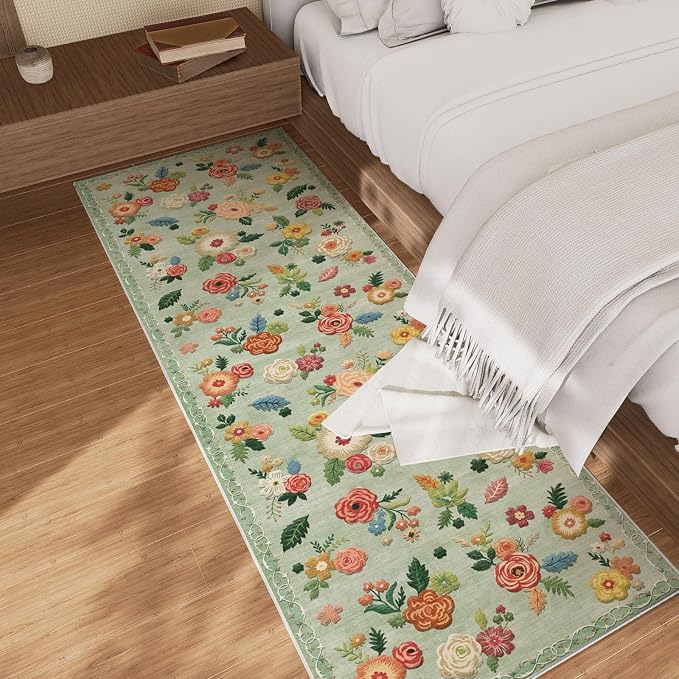 Washable Runner Rug Non Slip: 2x6 Kitchen Rug Low Pile Soft Faux Wool Non Shedding Lightweight Distressed Vintage Floral Floor Carpet Runners for Hallways Entryway Bedroom Laundry Farmhouse Office