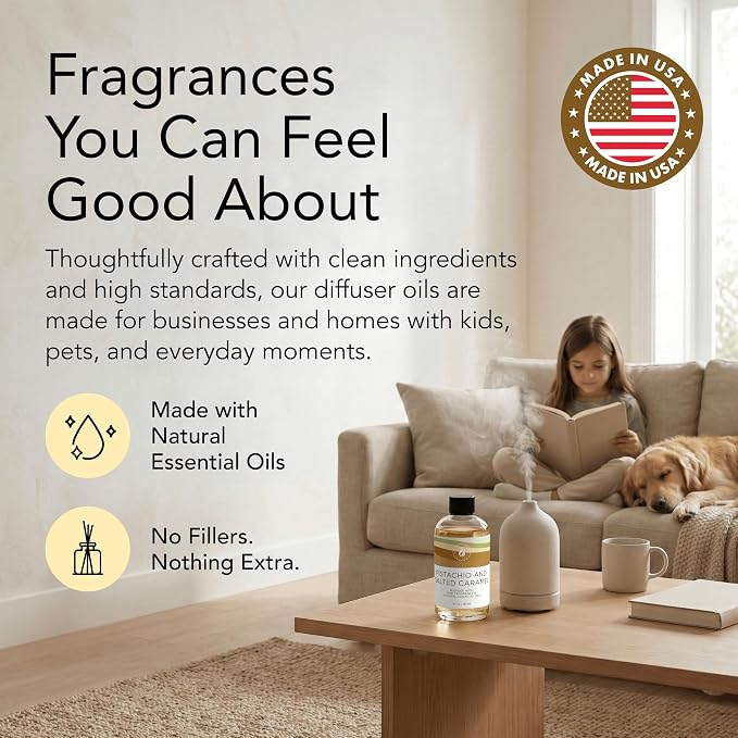 Aroma Country Pistachio & Salted Caramel Luxury Diffuser Oil (8.5 Fl Oz) | Hotel-Inspired • Long-Lasting Home Fragrance • for Aromatherapy, Reed Diffusers, Diffuser Machines & Room Sprays