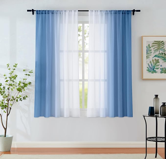 Blue Ombre Chiffon Sheer Curtains for Living Room Bedroom, Gradient Crinkle Semi Voile Curtain Panels for Small Window Light Filtering Window Drapes for Laundry Room Rod Pocket, 2 Panels, 52"Wx54"L