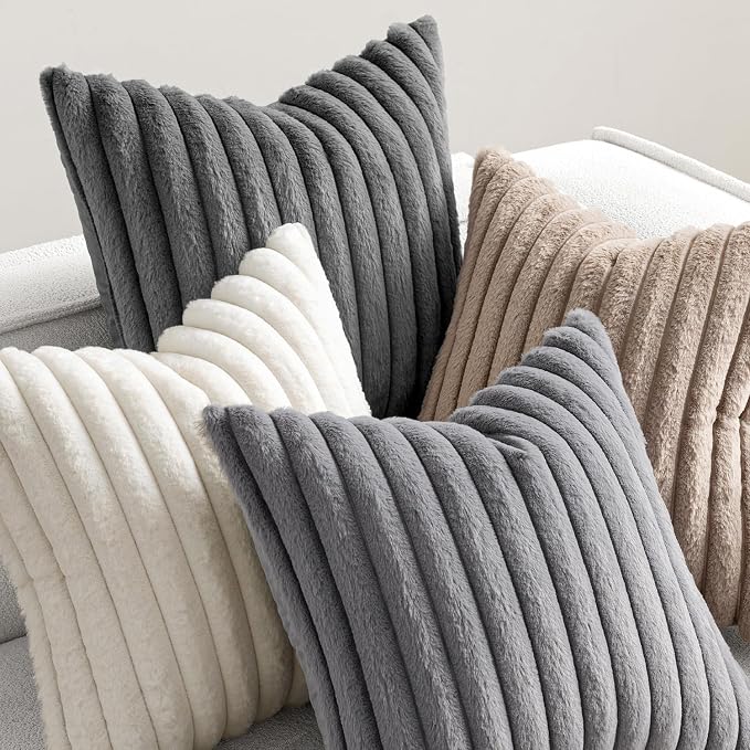 MIULEE Faux Fur Plush Decorative Throw Pillow Covers 20x20 Set of 4, Boho Farmhouse Soft Fuzzy Striped Cushion Covers for Sofa Couch Bed Living Room Vintage Rustic Home Decor,Grey Taupe