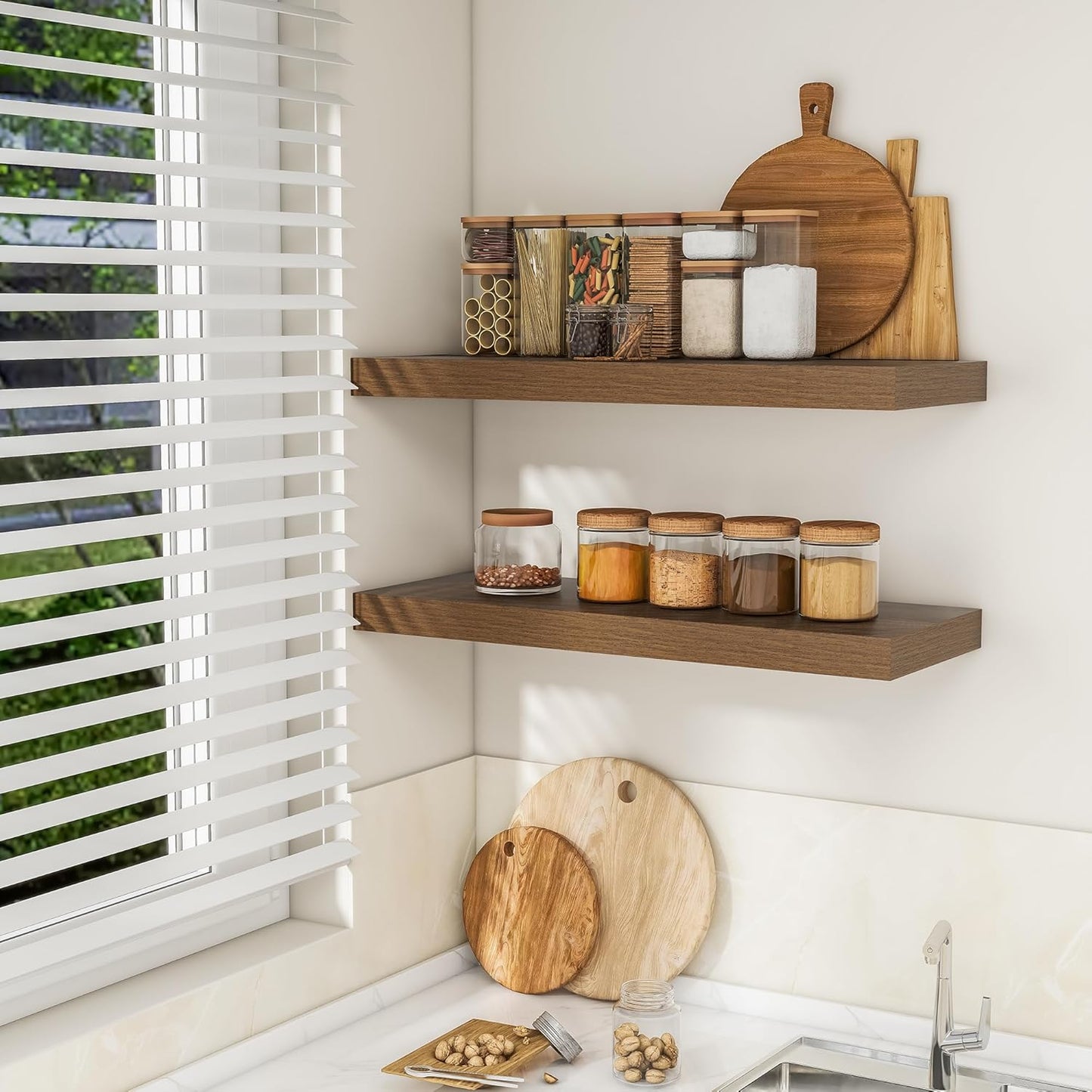 RICHFOCUS 36Inch Floating Shelves for Wall 2 Pack Shelves for Bedroom|Kitchen|Bathroom Wall Mounted Rustic Wood Floating Shelf with Invisible Brackets for Books|Storage|Decor, Walnut