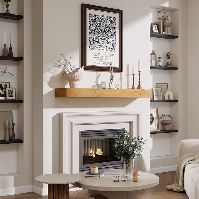 Marsmiles Fireplace Mantel Shelf 72 Inch, Rustic Handcrafted Wood Mantles for Over Fireplace, Farmhouse Wall Mounted Floating Shelves for Living Room Decor & Display, 72W x 3H x 8D, Honey Maple