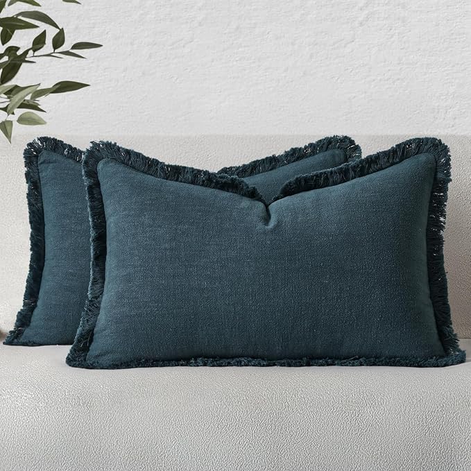 MIULEE Decorative Lumbar Throw Pillow Covers Neutral Linen Fringe Throw Pillows Set of 2 Navy Blue Boho Farmhouse Cushion Covers for Couch Sofa Bed Living Room Spring Home Decor 12x20 Inch