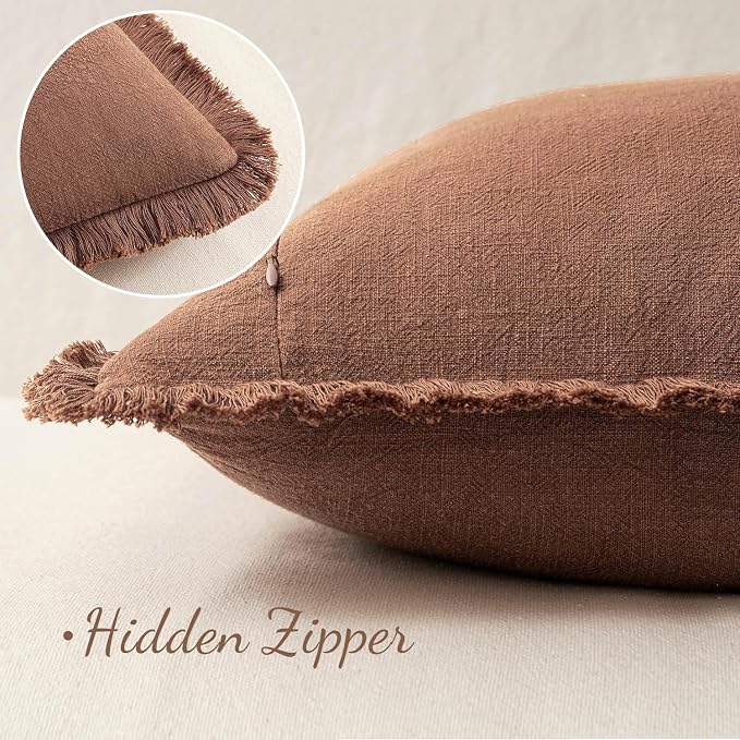 MIULEE Decorative Throw Pillow Covers Neutral Linen Fringe Throw Pillows Set of 2 Brick Boho Farmhouse Cushion Covers with Tassels for Couch Sofa Bed Living Room Fall Home Decor 20x20 Inch