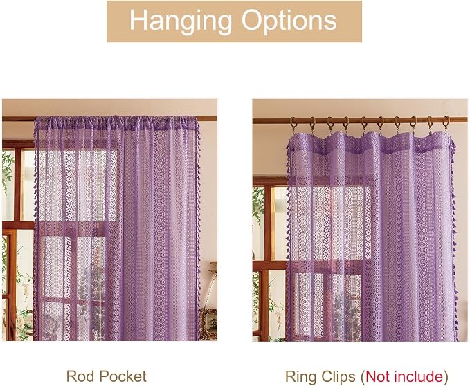 Sutuo Home Lace Sheer Boho Curtains for Living Room Dining Room, Bohemian Drapes Crochet Vintage Chic Tassels French Country Window Curtains Geometric Decor, Rod Pocket 1 Panel 59" W x 96" L, Lavendar