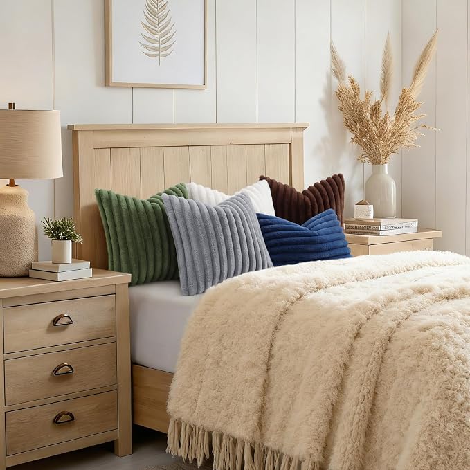 decorUhome Fall Cozy Faux Fur Throw Pillow Covers 24x24 Set of 2 Decorative Soft Plush Striped Modern Farmhouse Boho Couch Euro Sham Pillow Cases with Velvet Back for Sofa Bed Living Room, Olive Green