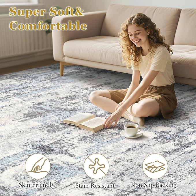 Area Rugs for Living Room: 4x6 Abstract Washable Rug Modern Neutral Large Soft Stain Resistant Non-Slip Backing Machine Table for Bedroom Dining Room Indoor Home Office Carpet - Blue Grey