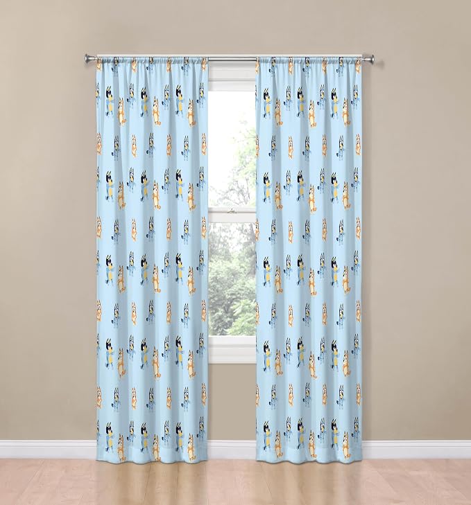 Jay Franco Window Curtains for Kids Bedroom 4-Piece Drape Set with 2 Tiebacks, Blue - Bluey & Bingo, 42" W x 84" L (Pack of 2)