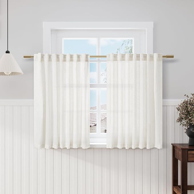 Beige White Kitchen Cafe Curtains 45 Inch Long 2 Panel Back Tab Translucent Light Filtering Short Modern Farmhouse Basement Window Bathroom Living Room Small Curtains 52x45