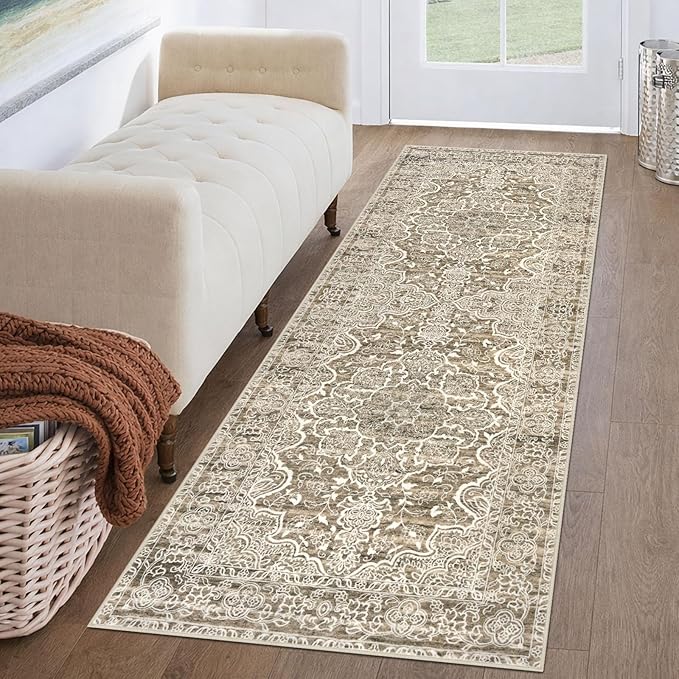 KUTA Runners for Hallways 2x6 Beige Brown, Vintage Floral Kitchen Rugs Non-Slip Washable Runner Ultra Soft Printed Retro Distressed Entryway Carpet for Bedroom Laundry Nursery