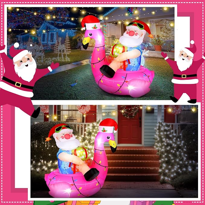 Hawaiian Christmas Santa on Flamingo Inflatable Decoration 5ft Tropical Santa Blow up Beach Christmas Inflatable Outdoor Decor with LED Light Xmas Flamingo Pool Floating for Outside Holiday Garden