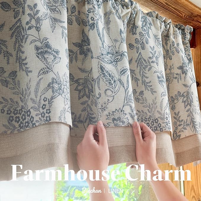 jinchan Linen Valance Curtain Farmhouse Floral Printed Small Window Curtain for Kitchen Rustic Country Light Filtering Valance for Living Room Bedroom Bathroom 18 Inch Rod Pocket 1 Panel Blue on Beige