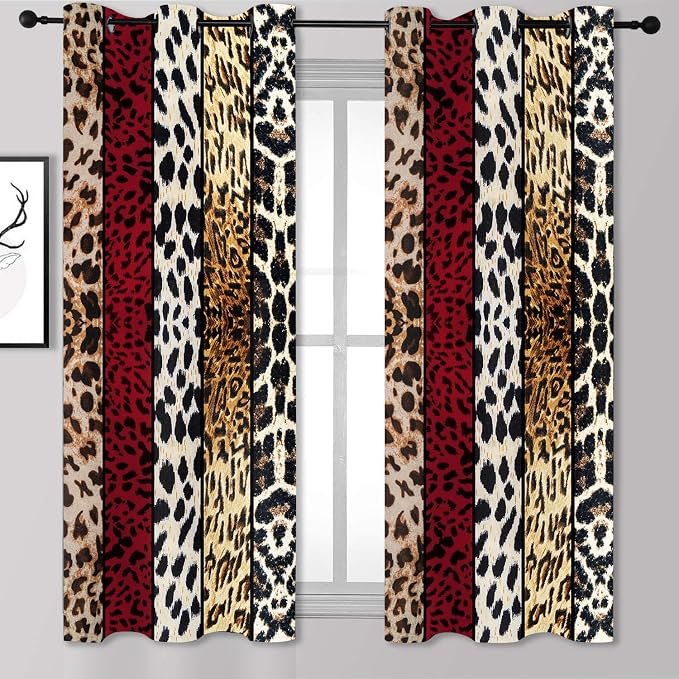 Wild Animal Print Curtain, Room Darkening Thermal Insulated Blackout Leopard Boa Window Drapes with Grommets for Living, Dining, Bedroom, Red Leopard Print, 42"x 63", 2 Panels