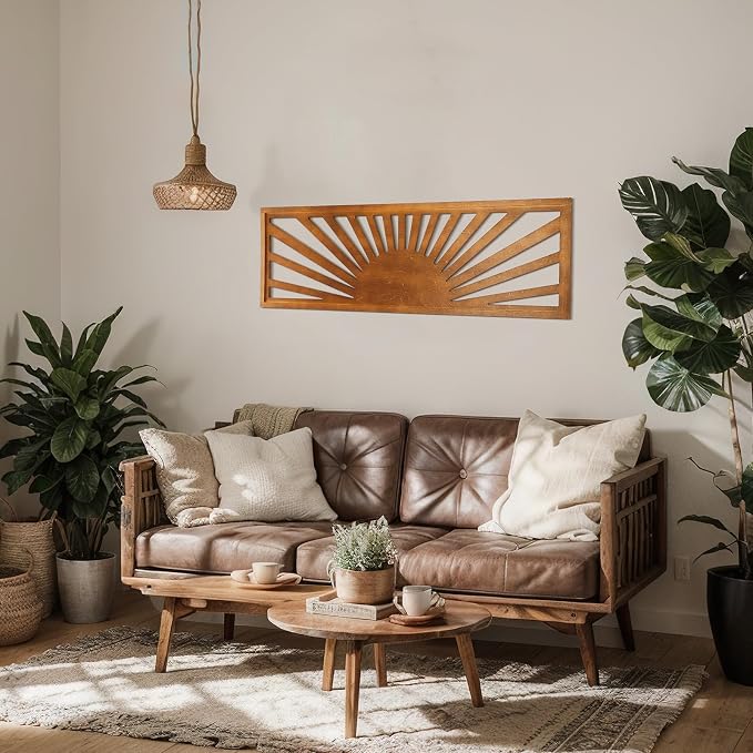 Burbell Sun Wall Art Decor 35'' x 12'' Large Boho Sun Wall Decor Wooden Horizontal Vintage Bohemian Hanging Rectangle Panoramic Above Bed Decoration for Bedroom Home(Dark Brown)