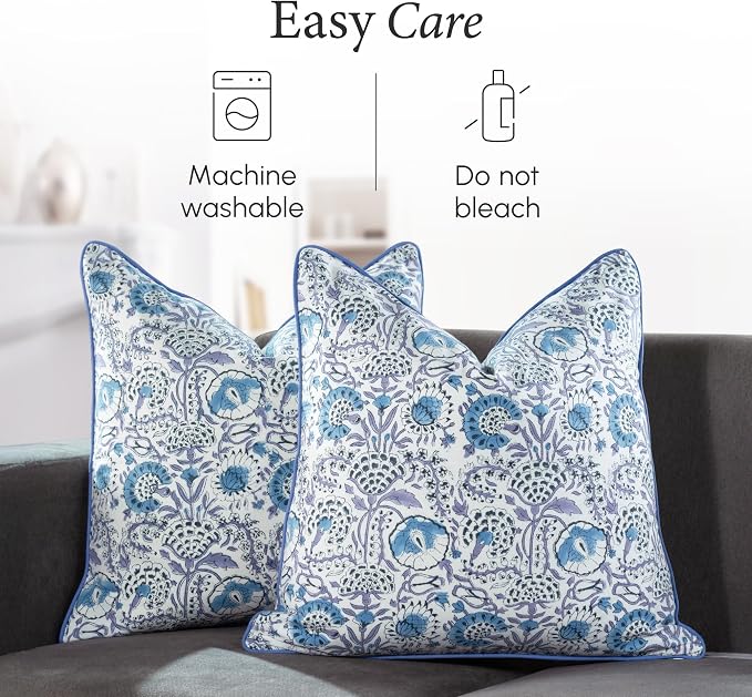 CPC 100% Cotton Throw Pillow Covers 24x24 Inch, Set of 2 Blue Block Print Pattern Couch Pillow, Cute Boho Decorative Pillows for Living Room, Bedroom with Hidden Zipper- Indigo Blue