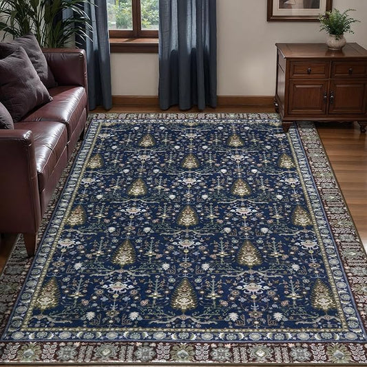 Tangsoo Washable Area Rugs 3x5 Non Slip, Boho Vintage Blue Floral Throw Rug for Bedroom Entryway, Soft Low Pile Floor Carpet Indoor Mat for Entrance Bedside Kitchen Nursery Office Farmhouse