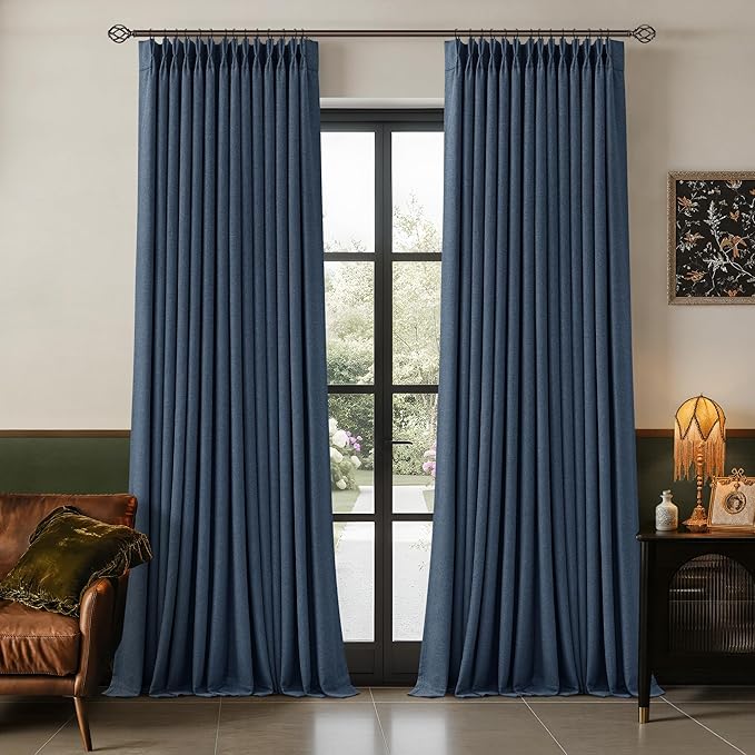 105 Inch Pinch Pleated Blackout Linen Curtains for Bedroom 2 Panels Memory Trained 100% Black Out Soundproof Room Darkening Navy Window Curtains Double Layer Pinch Pleat Drapes