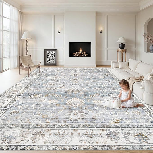 XLUEZ Area Rug 8x10 Living Room Rug, Machine Washable Vintage Distressed Boho Area Rug Non-Slip Soft Low Pile Large Indoor Rugs for Bedroom Kitchen Dining Room Office(Light Blue,8'x10')