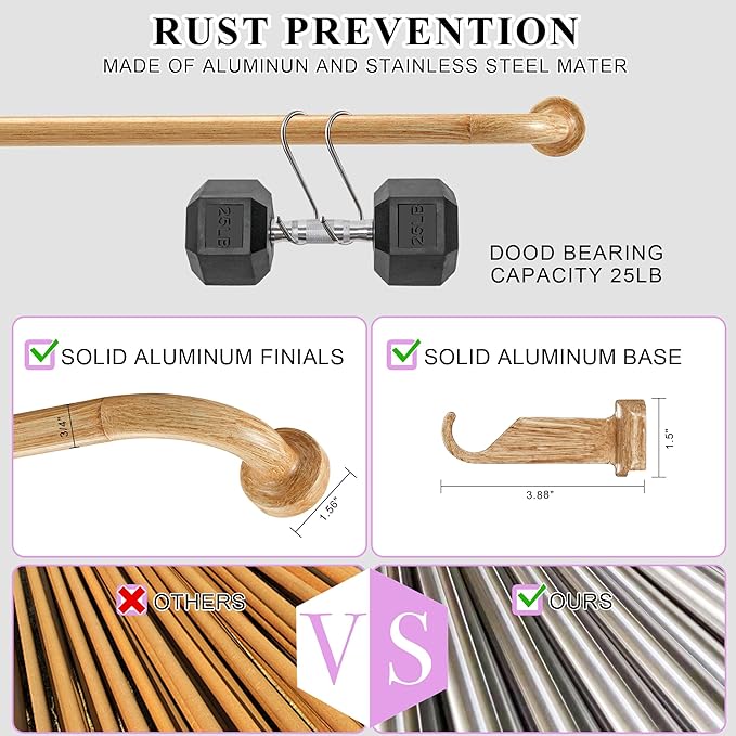 Light Wood Grain Disc Curtain Rods, 28-48 Inches Window Curtain Rod,Adjustable Room Darkening Drapery Rod with Aluminum Finials and Brackets,Wrap Around Design