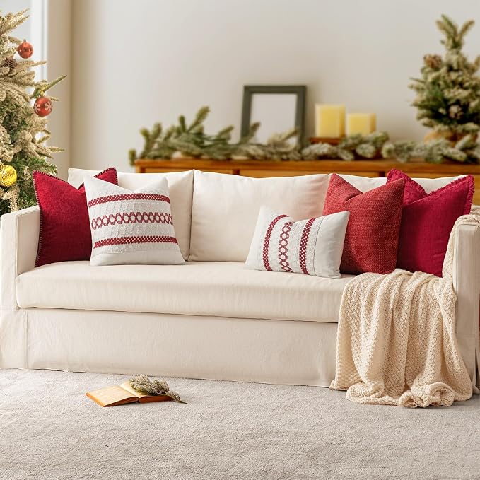MIULEE Pack of 2 Pillow Covers 20x20 Inch Red Farmhouse Decorative Throw Pillow Covers with Stitched Edge Soft Chenille Solid Dyed Couch Pillow Covers for Sofa Bed Living Room