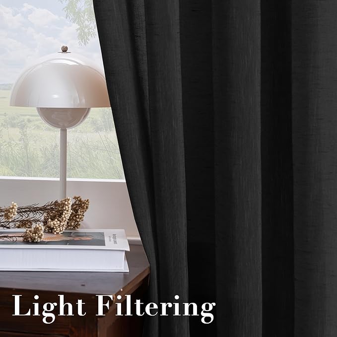 H.VERSAILTEX Linen Curtains Natural Blended Curtain Panels for Living Room/Light Reducing Linen Semi Sheer Curtains 72 inch Length 2 Panels Set Nickel Grommet Window Panels, 52" x 72", Black