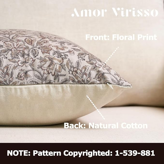 Amor Virisso Floral Throw Pillow Covers 12 x 20 Set of 2 Vintage Block Print Pillow Covers Decorative Pillow Covers Couch Pillows for Living Room Farmhouse Accent Sofa Pillows, Red/Sand