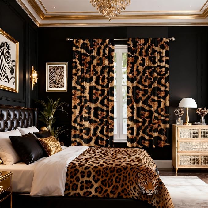 Leopard Print Curtains 29WX63H for Living Room Bedroom Cheetah Print Leopard Decor Brown for Bedroom Window Drapes Treatment Fabric 2 Panels