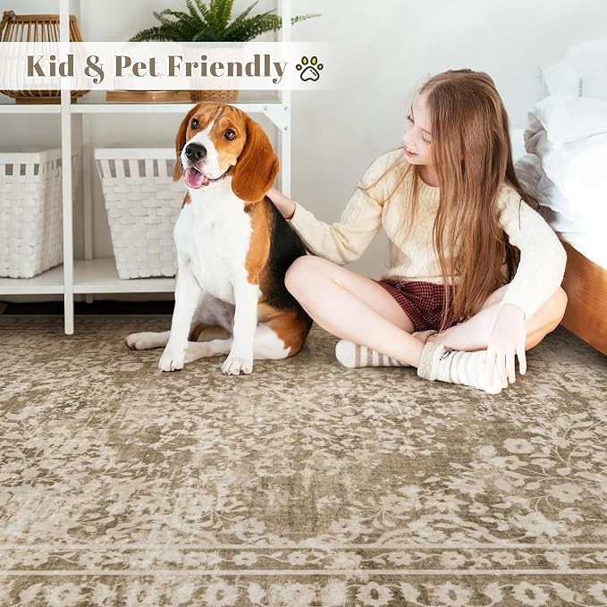 Vintage Living Room Area Rug - 9x12 Large Machine Washable Boho Area Rug Distressed Floral Rugs for Bedroom, Soft Non-Slip Indoor Floor Accent Rugs for Office Dining Room (Floral Brown, 9'x12')