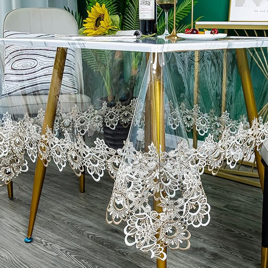 Jeloris Plastic Clear Rectangle Tablecloth Vinyl PVC Waterproof Tablecloth Embroidered Lace Edge Transparent Table Cover for Kitchen Dining Coffee Table (60x94 inch, Khaki Flora)