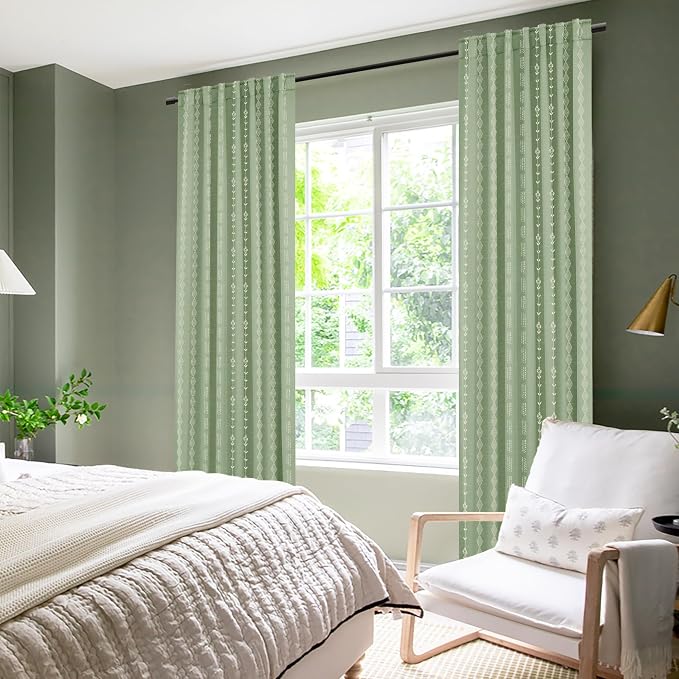 Sage Green Boho Cottage Core Curtains for Bedroom, Vintage Floral Cottagecore Pattern Semi Blackout Drapes, Light Green Farmhouse Style Window Panel for Living Room, 84 Inches Long