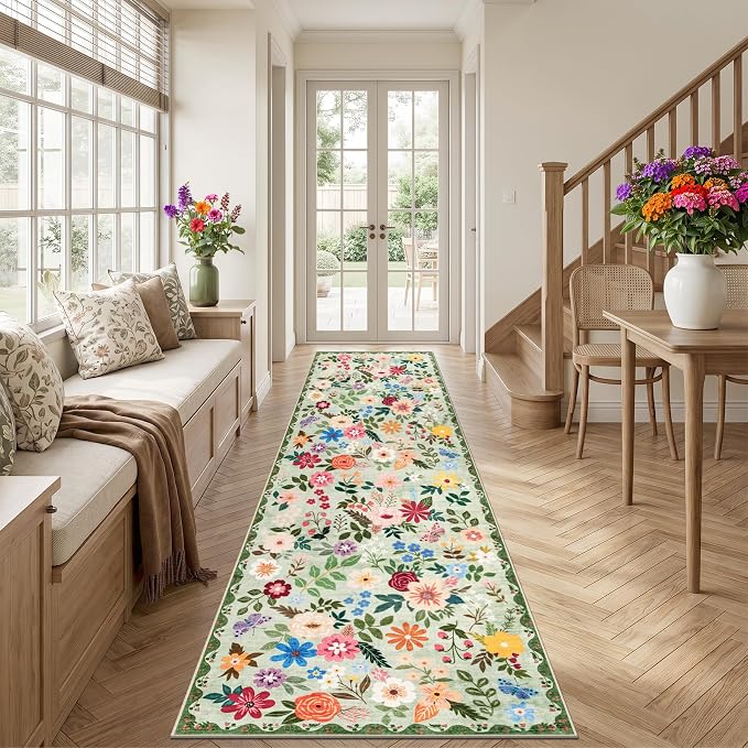 Runner Rug for Entryway: 2.6x14 Kitchen Rugs Non Slip Washable Ultra-Thin Soft Floral Carpet Indoor Floor Stain Resistant Carpets for Hallway Bedroom Kitchen Laundry Bathroom Dorm Green