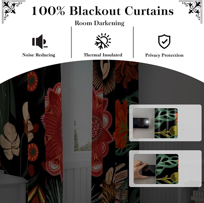 Tyrot Black Boho Floral 100% Blackout Curtains for Living Room 63 inch Long 2 Panels Mid Century Botanical Black Out Curtains for Bedroom Grommet Thermal Insulated Room Darkening Window Drapes,42Wx63L