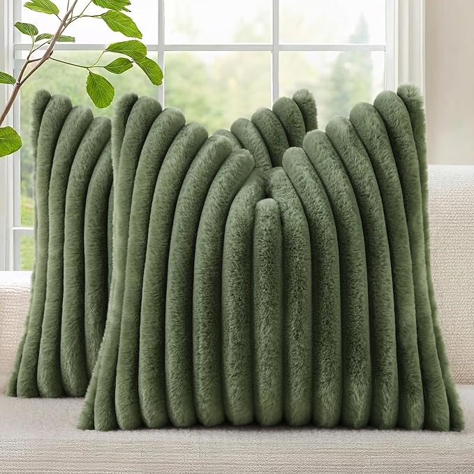 decorUhome Fall Cozy Faux Fur Throw Pillow Covers 26x26 Set of 2 Decorative Soft Plush Striped Modern Farmhouse Boho Couch Euro Sham Pillow Cases with Velvet Back for Sofa Bed Living Room, Olive Green