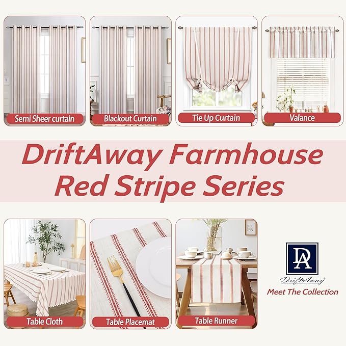 DriftAway Farmhouse Linen Lined Valance Double Layer Thermal Insulated Room Darkening Blackout Window Valances 3 Inch Rod Pocket Vertical Striped Kitchen Valance for Bathroom Single 52 x 24 Inch Red