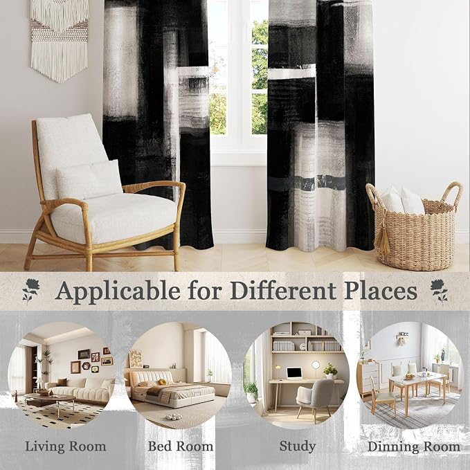 Boho Black and Grey Abstract Blackout Curtains, Retro Rustic Gray Neutral Contemporary Modern Geometric Darkening Thermal Insulated Grommet Light Blocking Drape Decor, 52 x 84 Inch Long 2 Panels