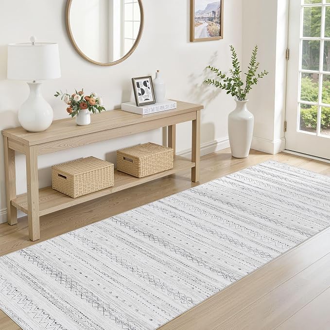 cotiled Hallway 2.6x10 Runner Rugs: Washable Boho Rugs with Non Slip Backing Large Soft Indoor Stain Resistant Carpet for Living Room Bedroom Farmhouse Dining Room Lightweight Home Decor Grey