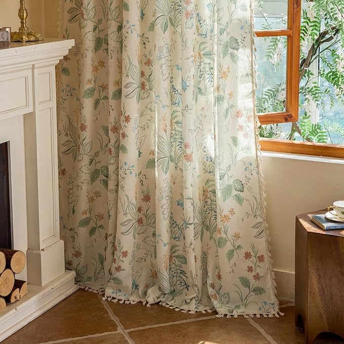OYX Boho Floral Curtains 84 Inch, Linen Farmhouse Flower Drapes with Lace & Tassels, Light Filtering Semi Sheer Curtains for Living Room Bedroom, 2 Panels