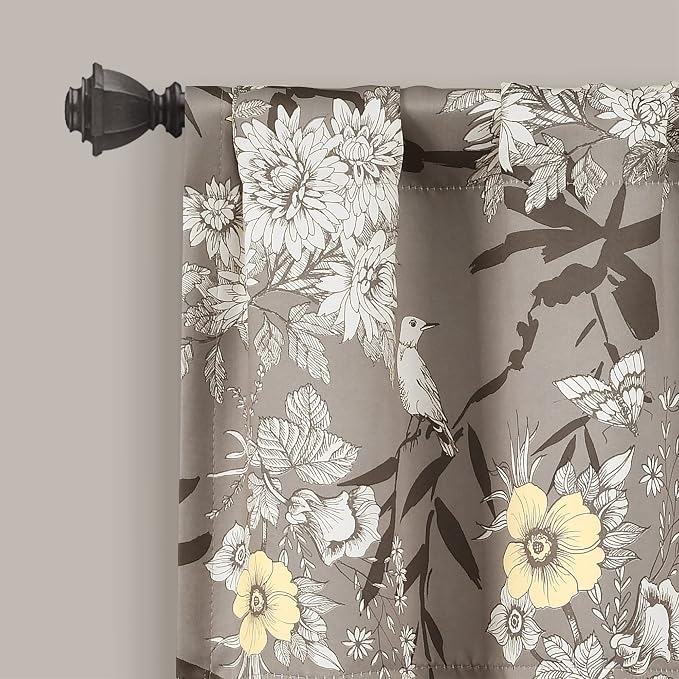 Lush Decor Botanical Garden Curtains Floral Bird Print Light Filtering Window Valance Drapes for Living, Dining, Bedroom, Gray, 52"W x 18L"