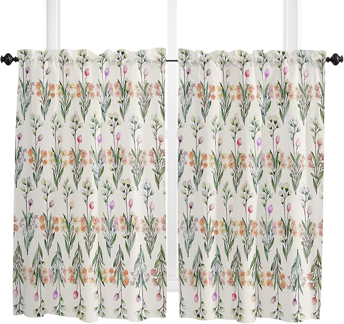 Kitchen Tier Curtains 54 inches Long, Vintage Flower Colorful Floral and Green Leaves Window Curtains for Living Room Bath,Rod Pocket Light Filtering Drapes Short Half Window Treatment Tiers 2 Panels