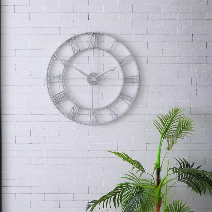 CLXEAST Large Modern 30 Inch Wall Clock Silver, Oversized Big Roman Numeral Metal Wall Clocks for Living Room Decor, Home Office,Dinning Room